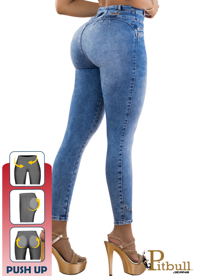 Jeans skinny azul con faja interna y triple botón moldeador - Imagen 3