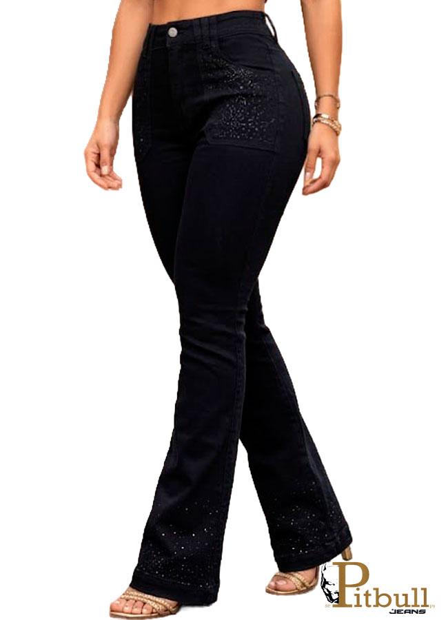 Jean Push Up Negro Campana con Brillos
