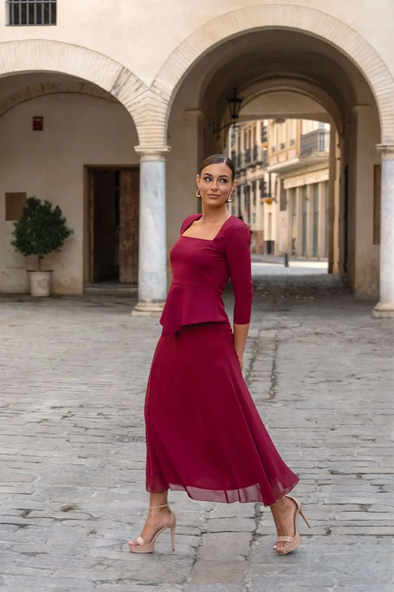 Vestido Dupont | Peplum | Gasa | Burdeos - Imagen 5